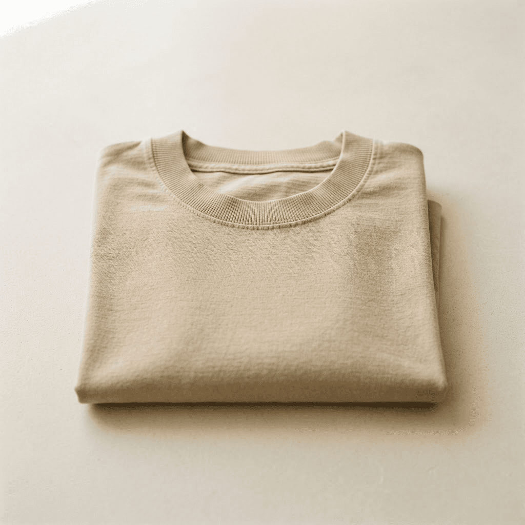 Boxy heavyweight beige streetwear t-shirt folded on a cream surface