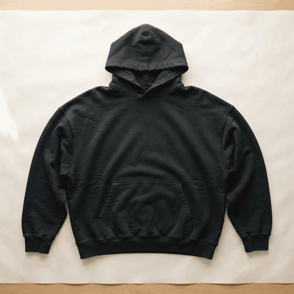 Oversized black alternative-wear hoodie photographed flat on an off-white backdrop